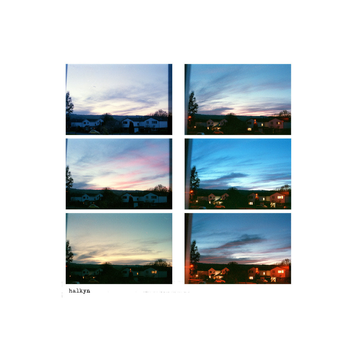 Collage of six images showing different phases of a sunset over a suburban area.