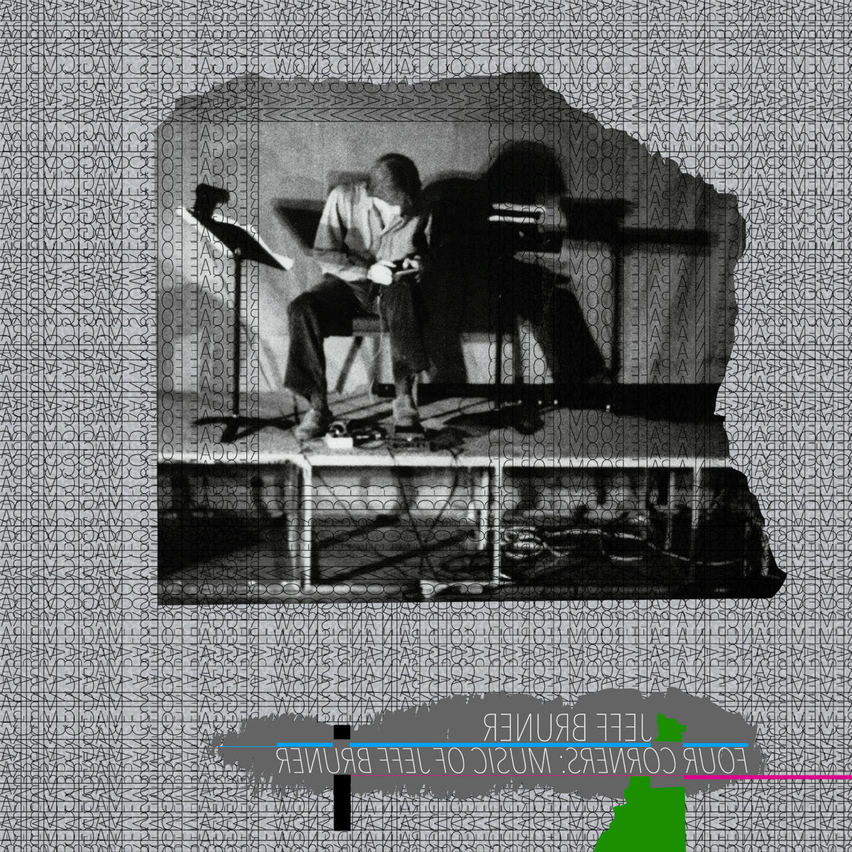 Album cover with a person sitting on a chair, surrounded by geometric patterns and text.
