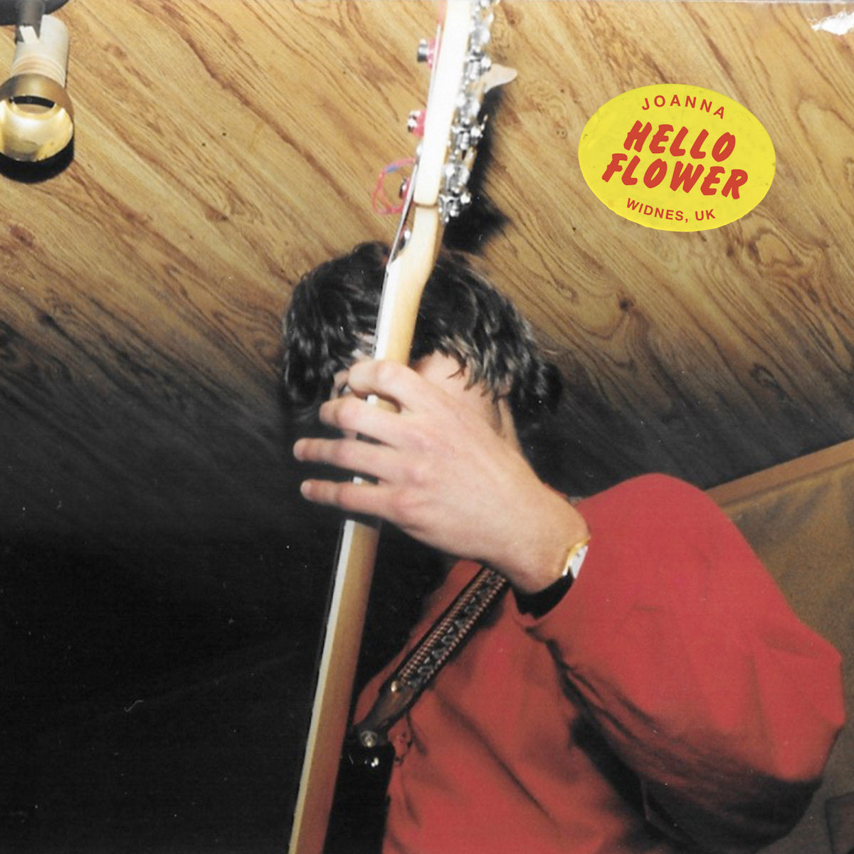 Person holding a bass guitar with a wooden background and 'Hello Flower' album cover.