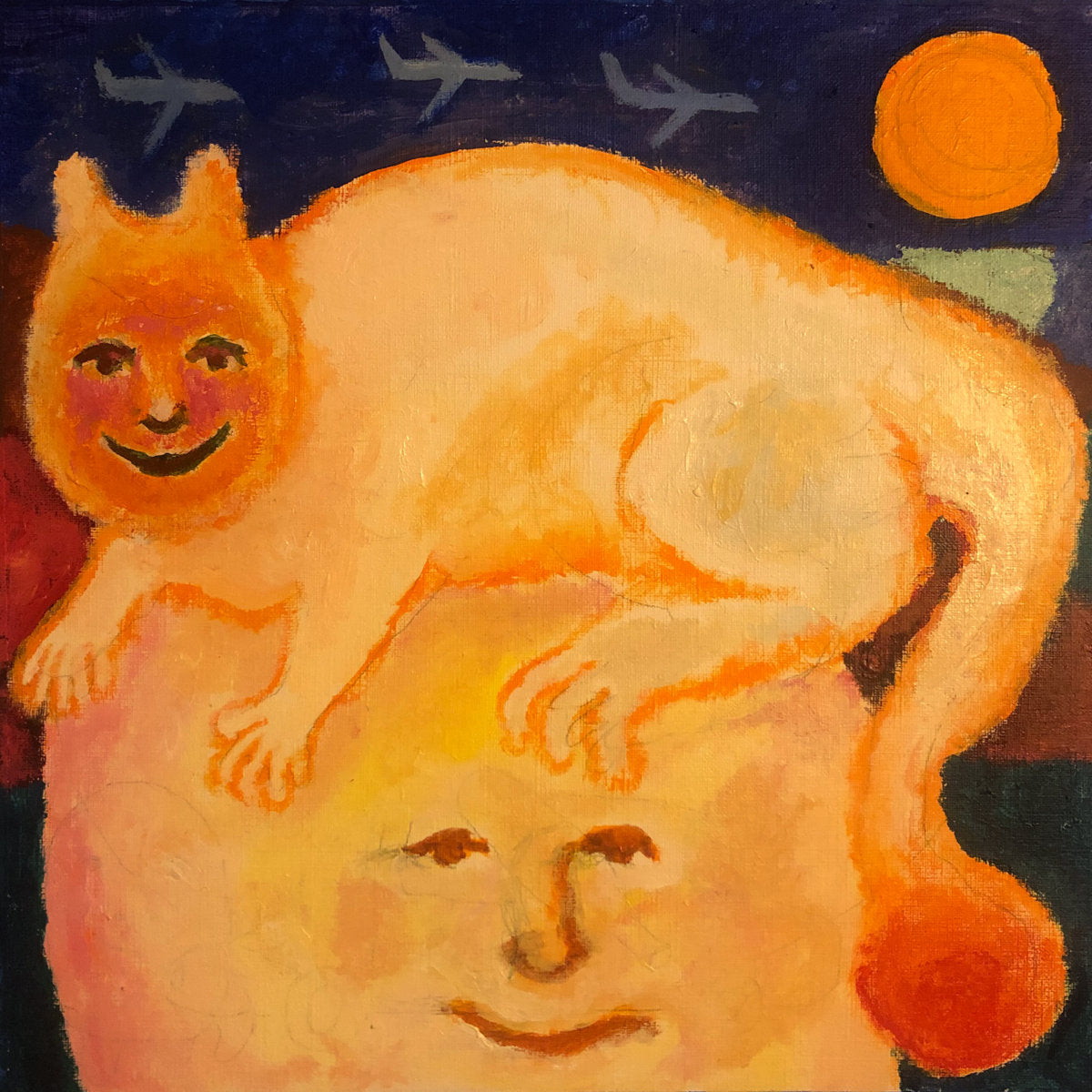 Surreal painting of a cat with a face on a dark background