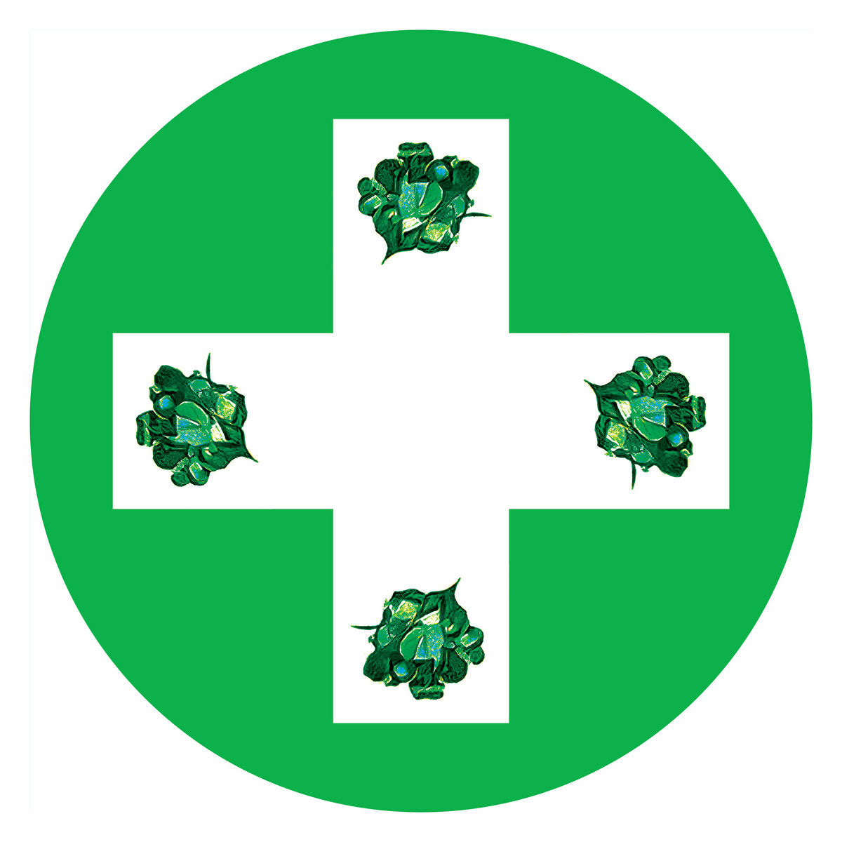 Green cross symbol with four leafy green plants on a white background