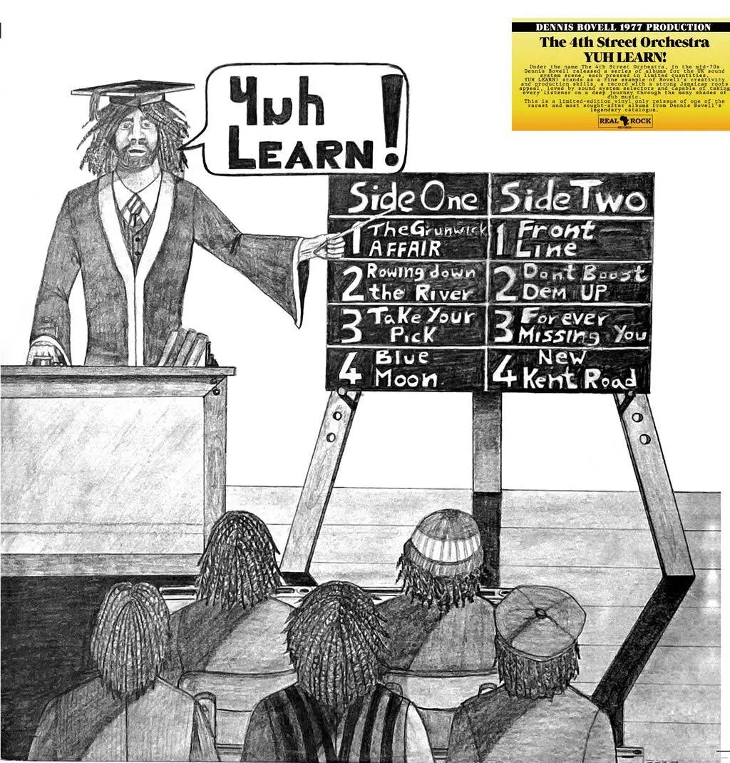4th Street Orchestra - Yuh Learn front cover. 2026 reissue, Real Rock Reccords, Italy, vinlyl LP. Available at Seasonal Work Records.