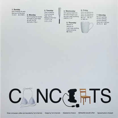 Yuri Umemoto - Concerts LP, back album cover with lyrics. Isengard, Belgium, 2026. Available at Seasonal Work Records.