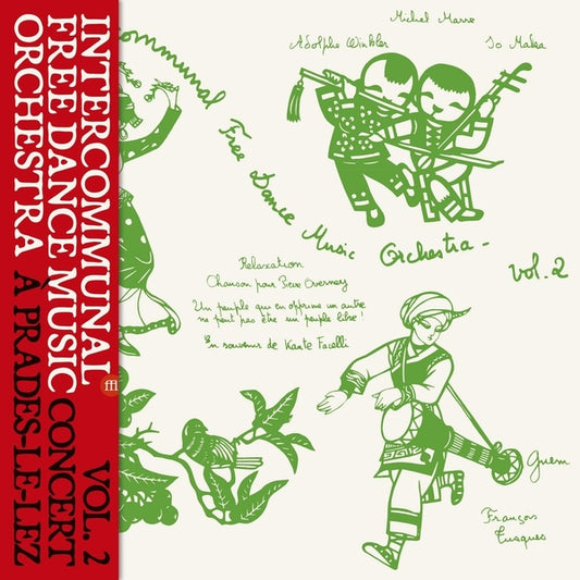 Album cover for 'Free Dance Music Concert Orchestra' with green illustrations and red text.