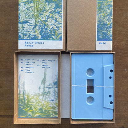 Early Music – Reeds cassette, front cover, back cover, and inside shots. 2026 Early Music wholesale/trade edition designed  by Jon Collin. Available at Seasonal Work Records.