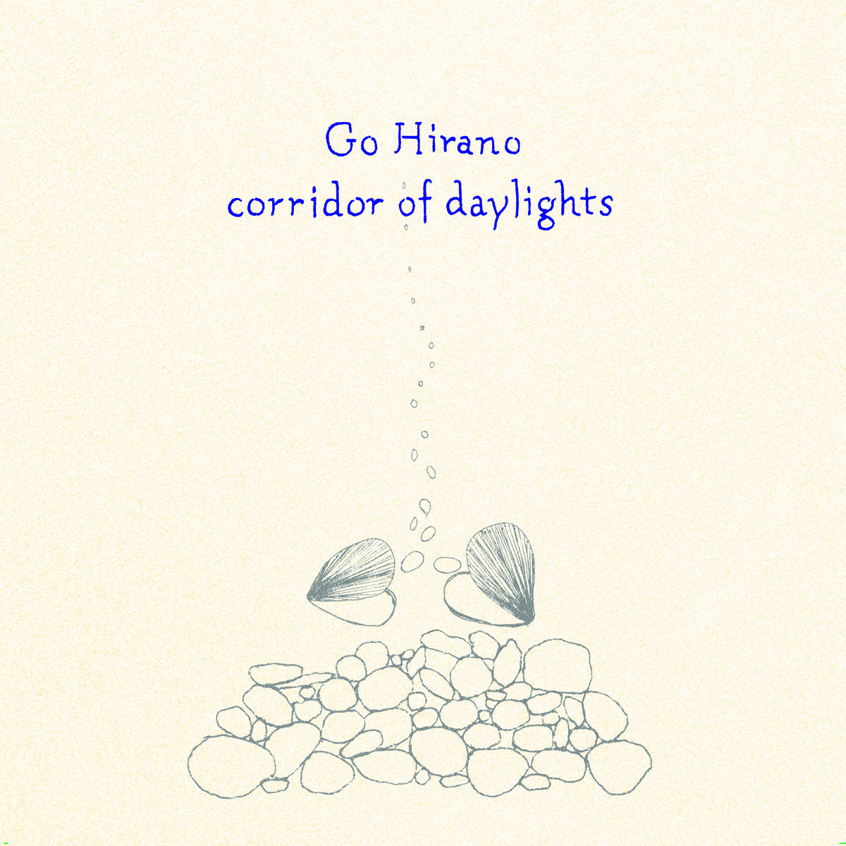 Illustration of seashells and pebbles with 'Go Hirano corridor of daylights' text on a beige background