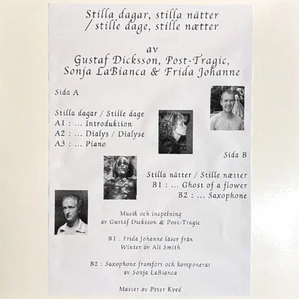 Gustaf Dicksson/Post-Tragic/Sonja LaBianca/Frida Johanne - Stilla Dagar, Stilla Nätter/Stille Dage, Stille Nætter LP, standard edition with paste-on front cover. Distributed by Discreet Music, 2026. Available at Seasonal Work Records.