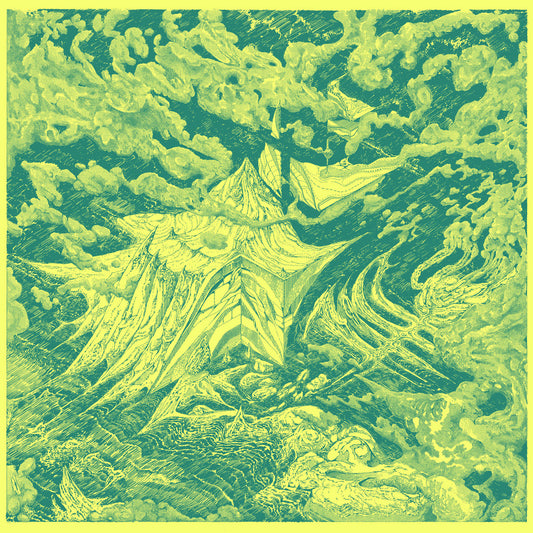 Abstract green and yellow pattern with wavy lines and shapes