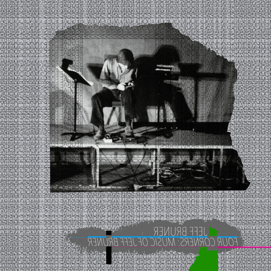 Album cover with a person sitting on a chair, surrounded by geometric patterns and text.
