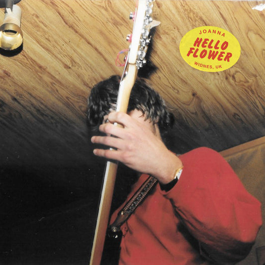 Person holding a bass guitar with a wooden background and 'Hello Flower' album cover.