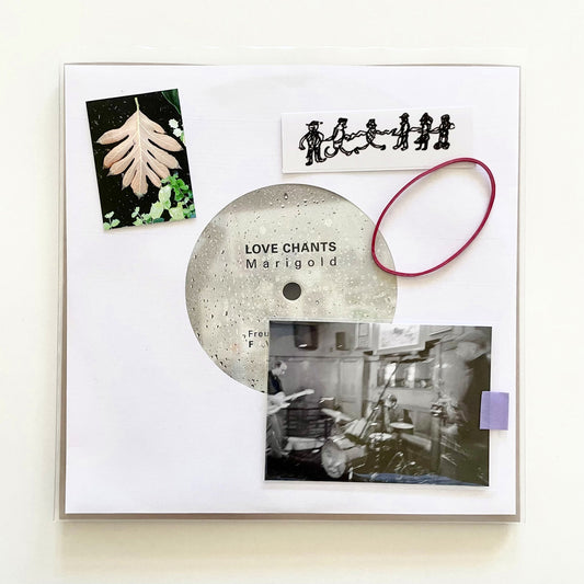 Love Chants - Marigold b/w Wild and Blue 7." Front view with rubber band. Freuyd & Verdrusz, Germany, 2026. Available at Seasonal Work Records.