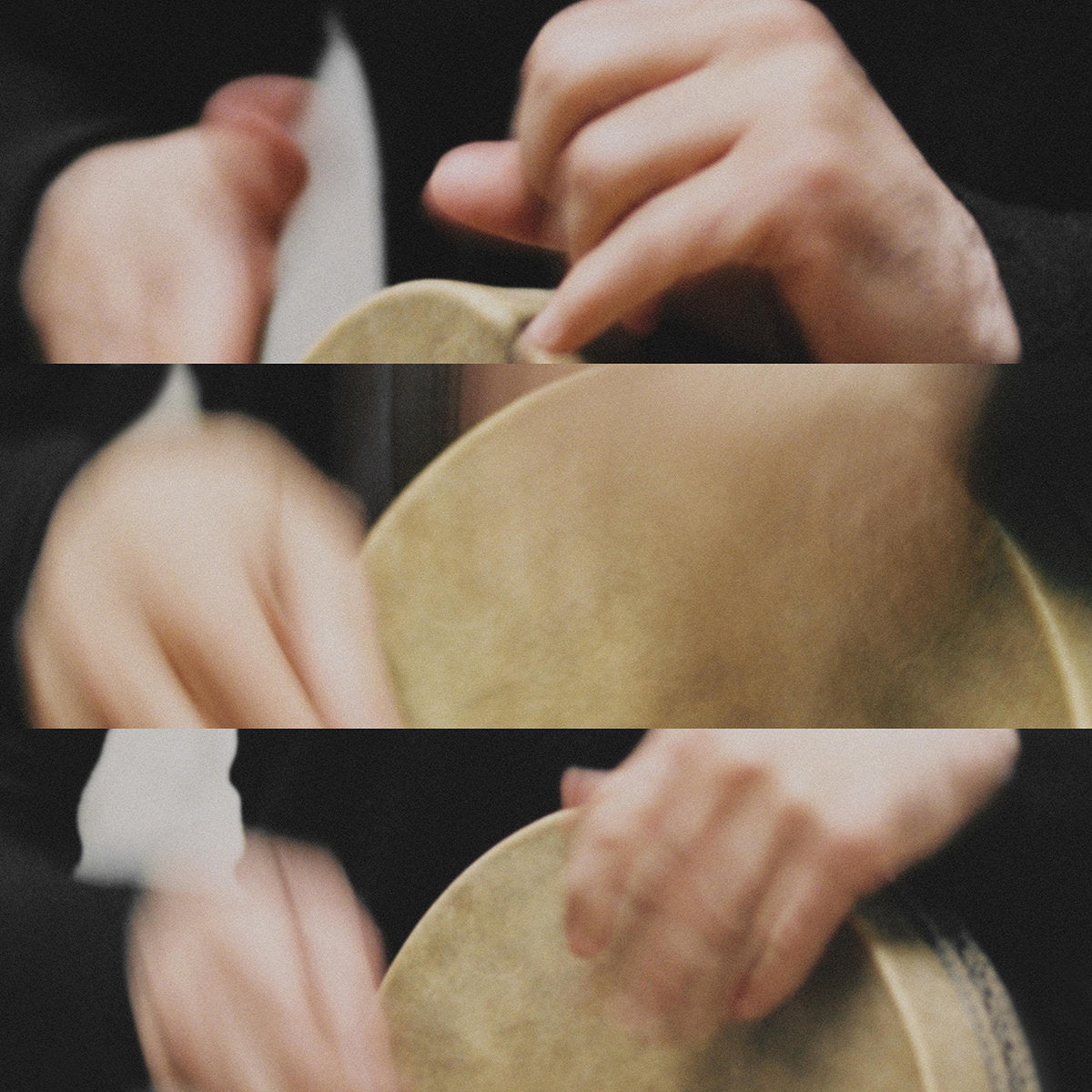 Three close-ups of hands playing a Persian tombak.