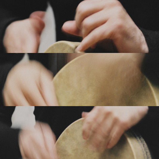 Three close-ups of hands playing a Persian tombak.