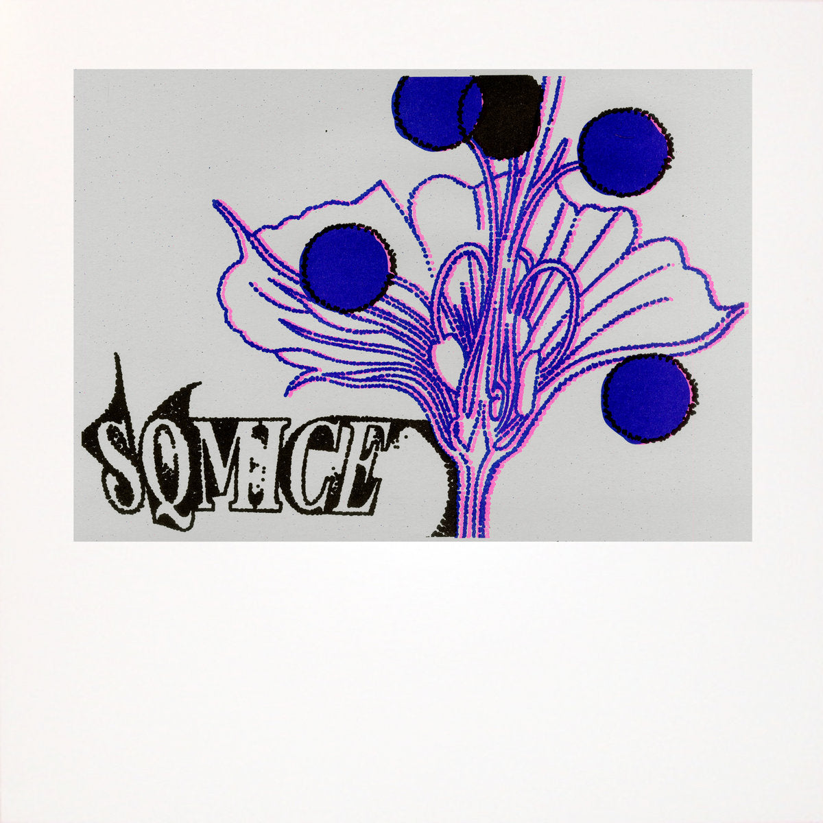 Decorative design with floral elements and 'SQMICE' text on a light gray background
