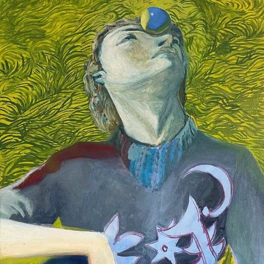 Artistic depiction of a person with a blue object on their head against a textured green background
