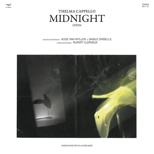 Album cover for 'Midnight' by Thelma Cappello with a black and white image of a person and a yellow object.