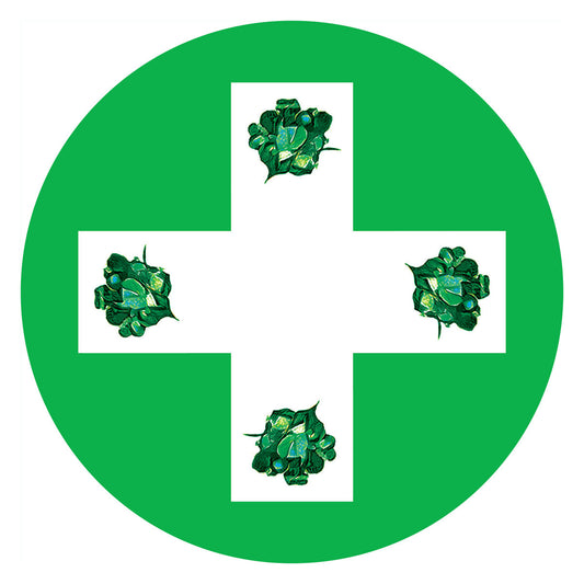 Green cross symbol with four leafy green plants on a white background