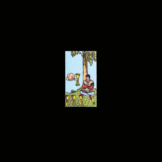 Tarot card with a person, palm tree, and drink under a blue sky