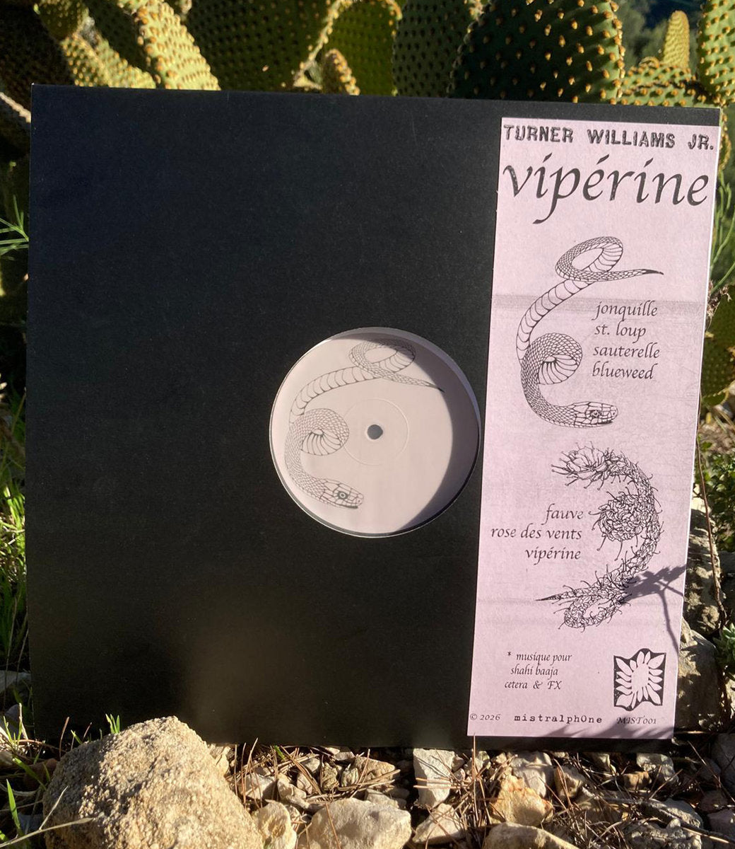 Vinyl record with a black cover and a label titled 'Vipérine' against a natural background.