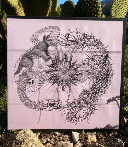 Artistic illustration of a dragon and a fox on a pink background, with cacti in the background.