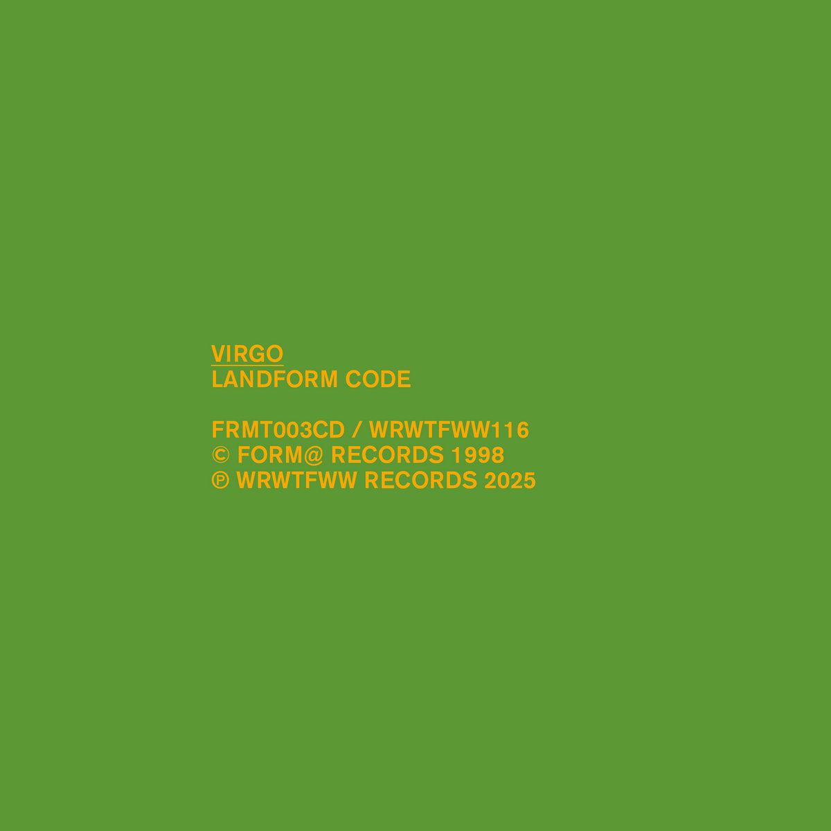 Virgo - Landform Code album cover. 2025 reissue, WRWTFWW Records, Switzerland, 2LP. Available at Seasonal Work Records.