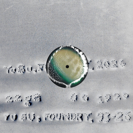 Close-up of a circular object with text around it on a textured surface